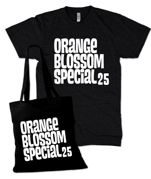 Merch: schwarzes "Orange Blossom Special 25" Tshirt und schwarzer Jute-Beutel mit der selben Aufschrift.